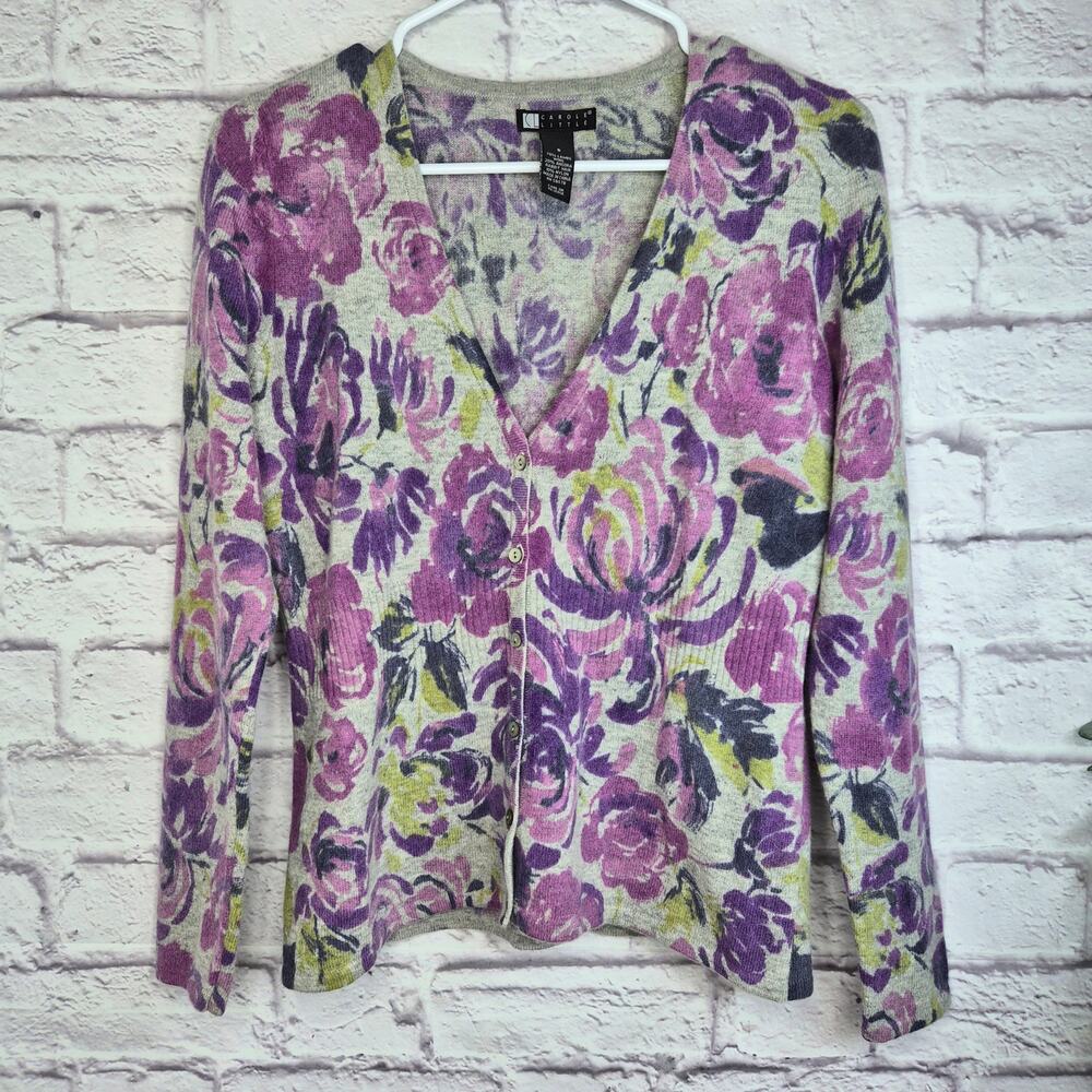 Carole Little Angora Lambswool Blend Floral Cardigan Sweater Purple Small V-Neck